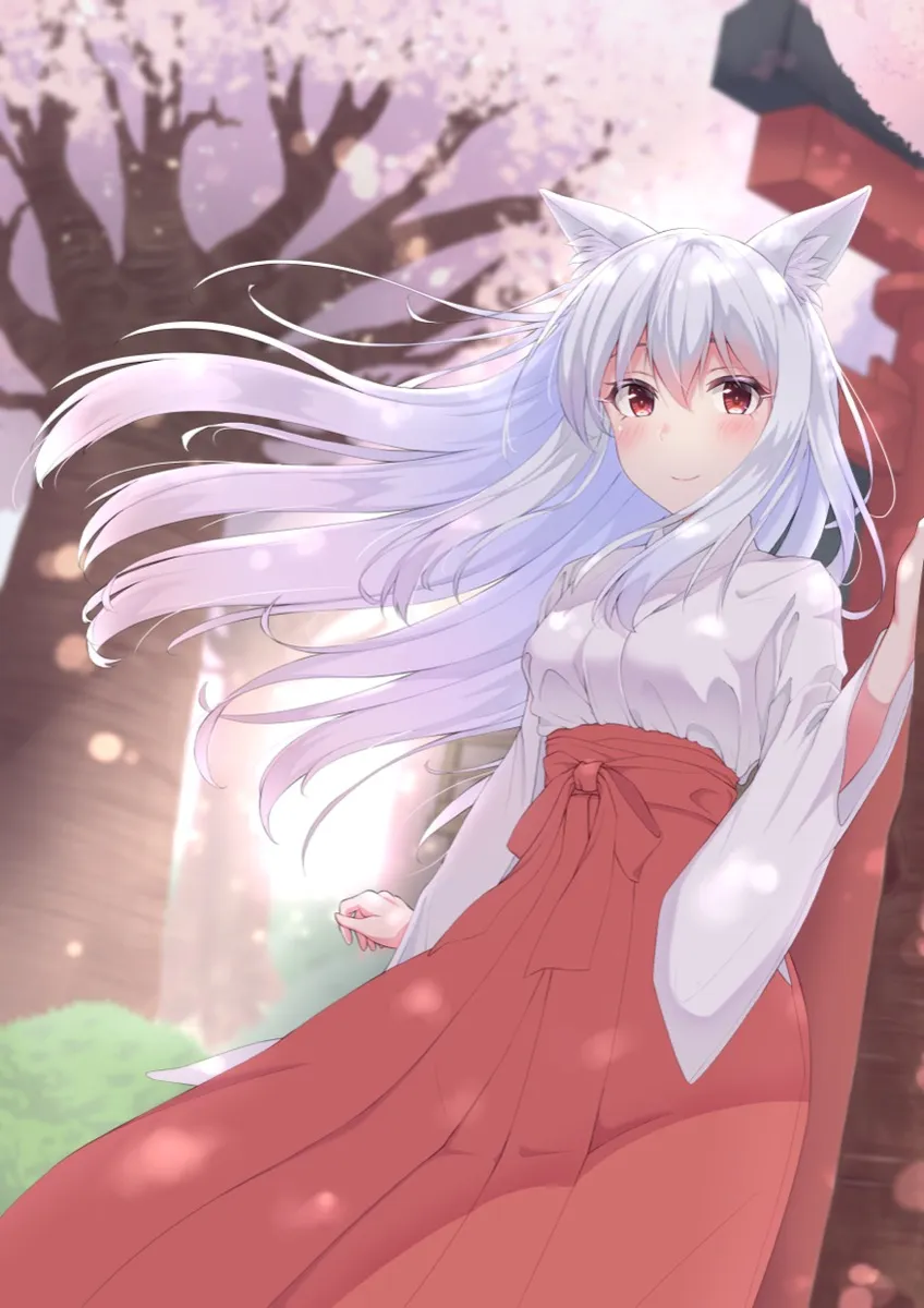学生が描いたイラスト（巫女姿のきつね耳の少女）