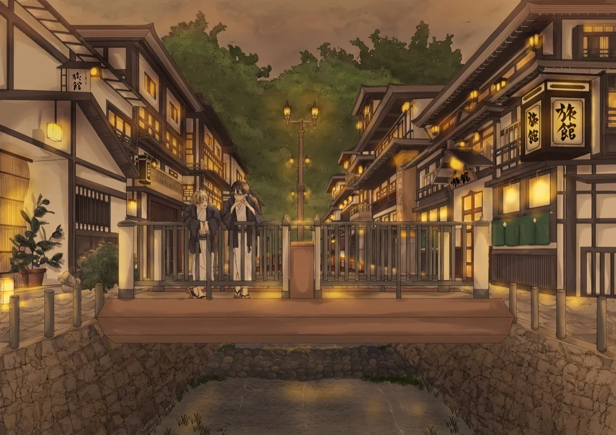学生が描いたアニメの背景画（夜の温泉街）